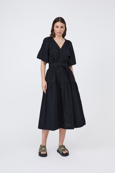 Belted Balloon Sleeve Dress In Organic Cotton, BLACK
