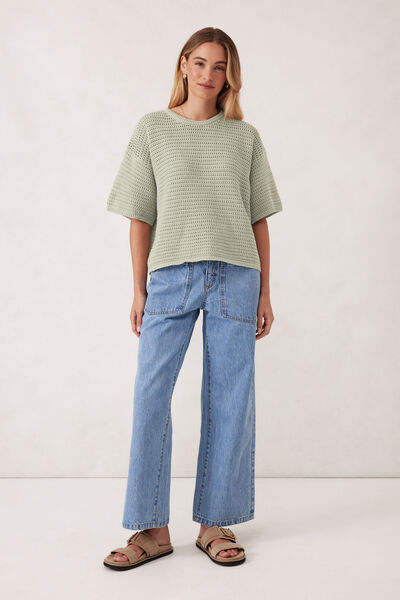 Textured Boxy Knit Tee, MATCHA