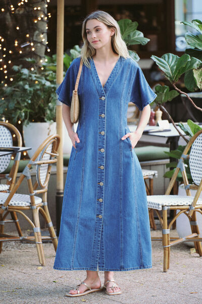 Short Sleeved Panelled V-Neck  Midi Dress, FRESH INDIGO