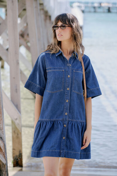 Short Sleeve Tiered Pocket Shirt Dress, MIDNIGHT