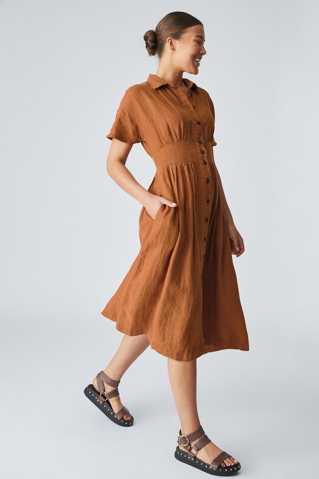 Emma Hawkins Linen Midi Dress, EARTH BROWN
