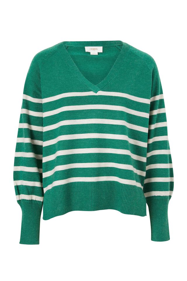 Soft Knit Classic V In Recycled Blend, LAWN GREEN OATMEAL STRIPE