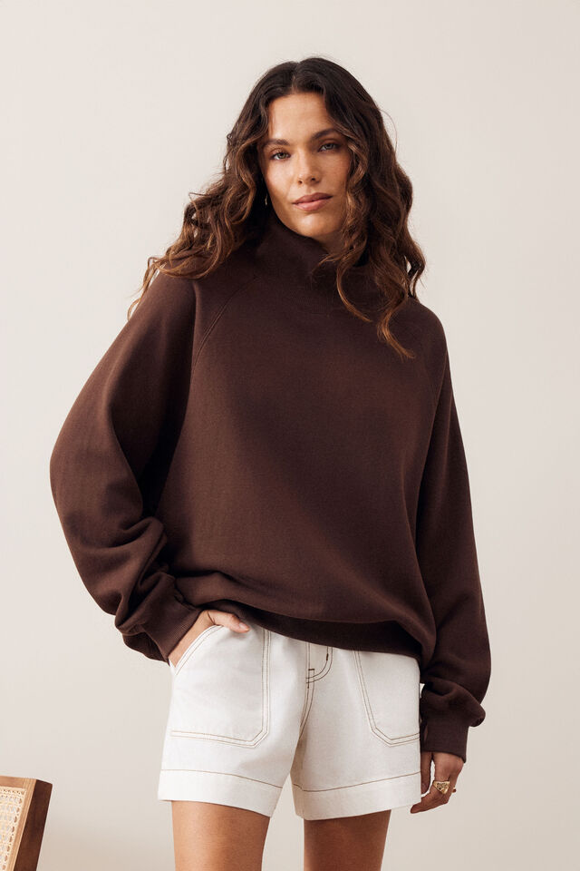 Hildie High Neck Slouchy Crew, CHOCOLATE