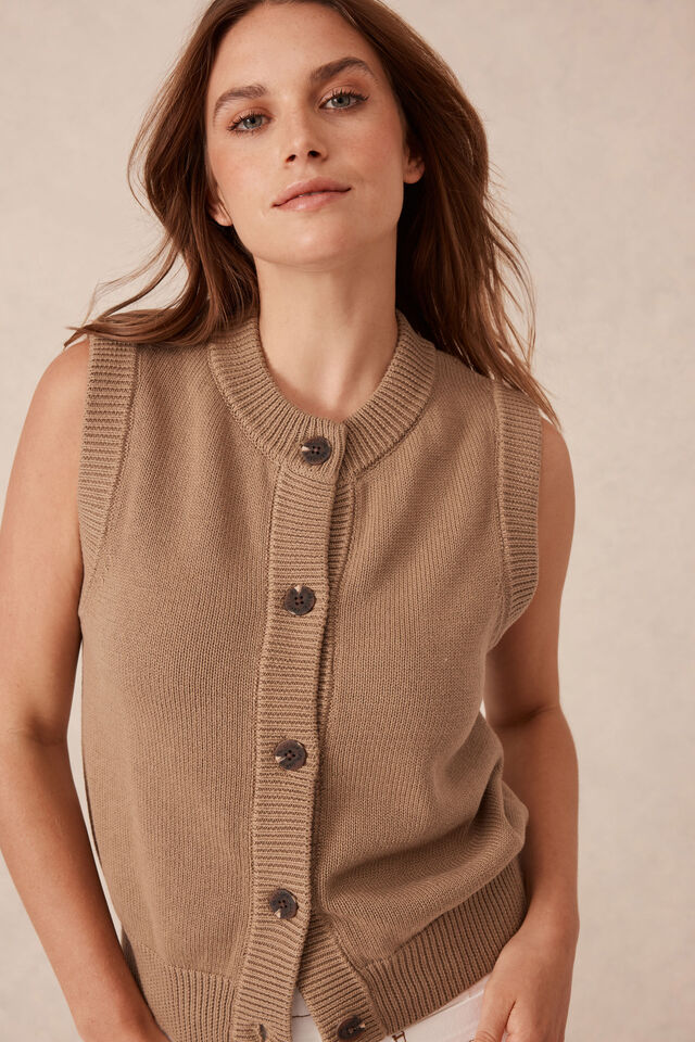 Sleeveless Knit Cardi, SUMMER TAUPE