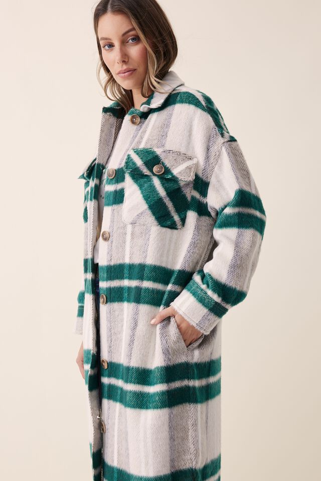 Longline Shacket In Wool Blend, FOREST GREEN CHECK