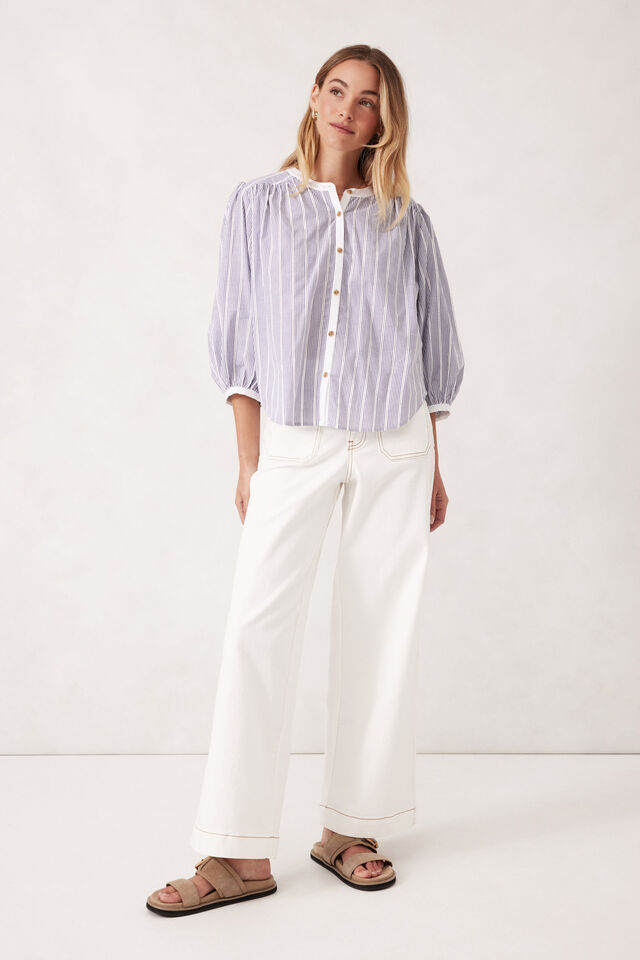 Woven Collarless Top, COLLEGE BLUE LADDER STRIPE