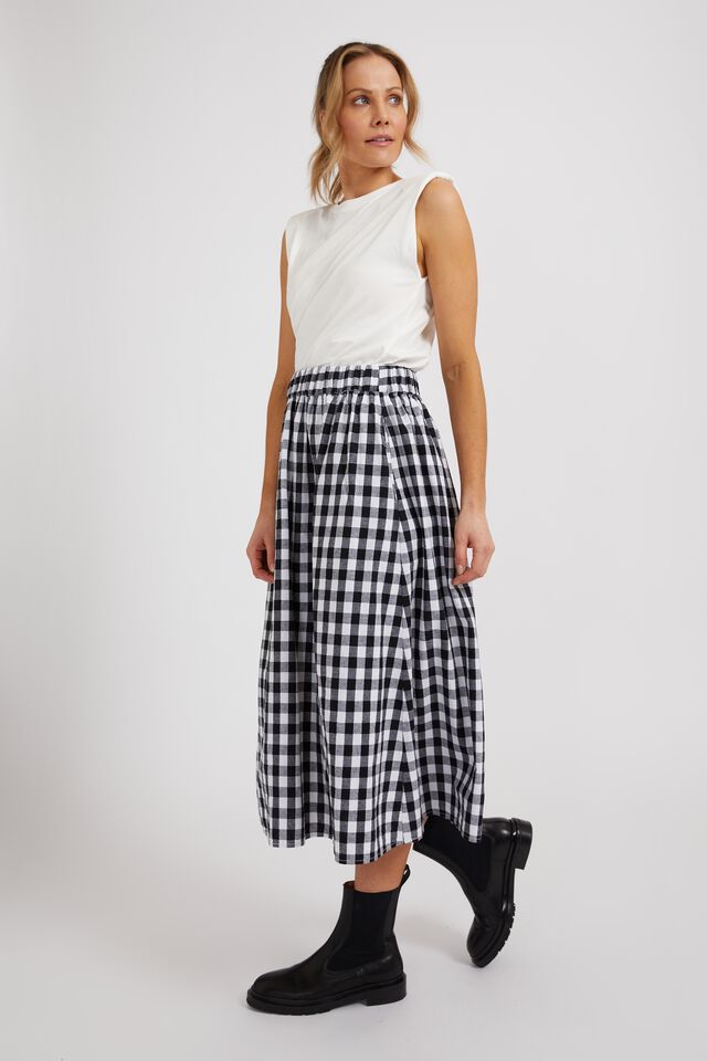 Midi Skirt In Cotton Linen Blend, BLACK WHITE GINGHAM
