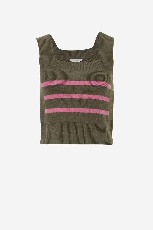 Knitted Cami In Recycled Blend Jf, MILITARY GREEN STRIPE