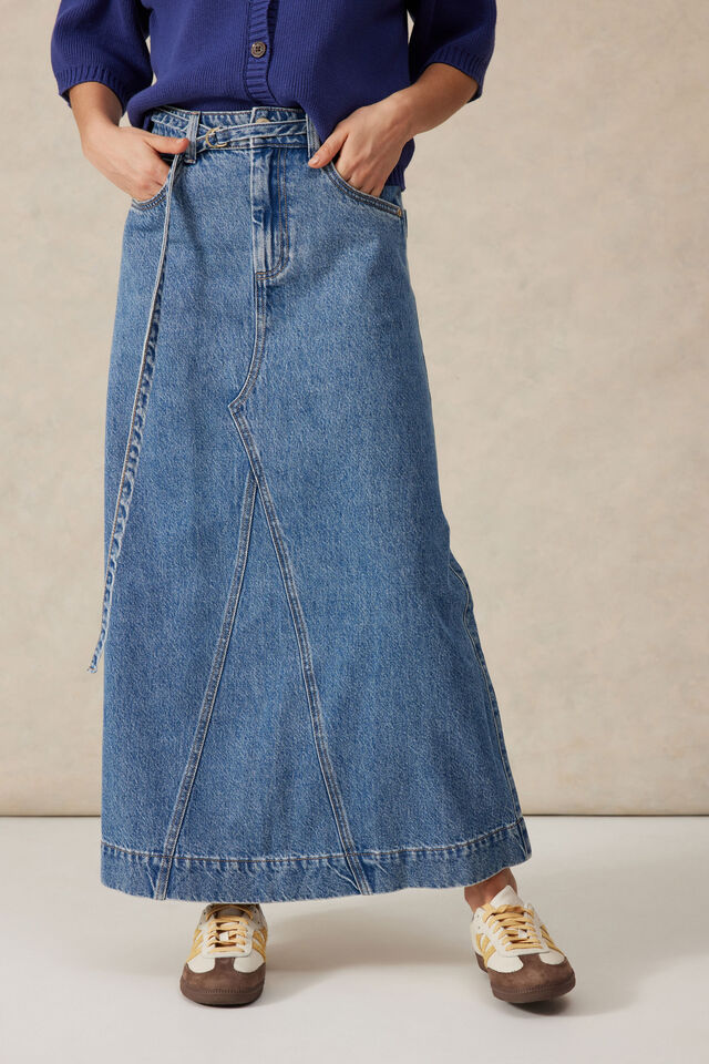 Tie Waist Denim Maxi Skirt, FRESH INDIGO