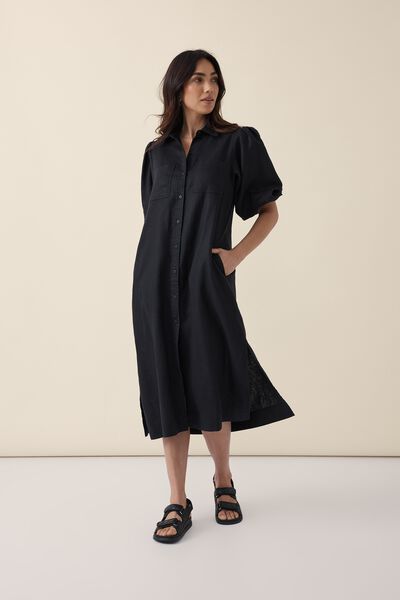 Puff Sleeve Midi Shirt Dress, BLACK LINEN