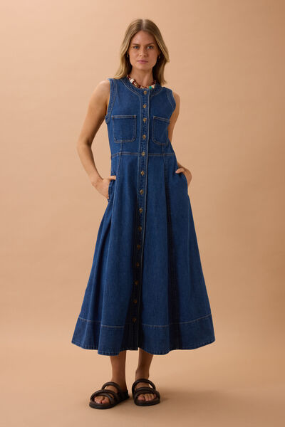 Hazel Sleeveless Midi Shirt Dress, CASPIAN BLUE