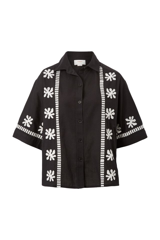 Resort Boxy Shirt, BLACK/WHITE EMBROIDERY