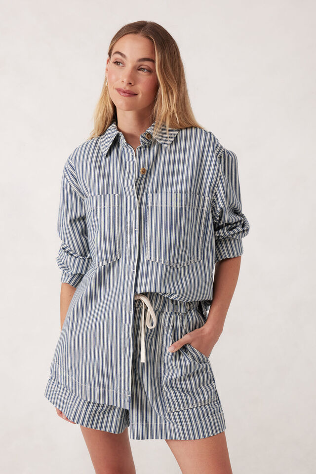 Curved Hem Shacket, LAGOON BLUE STRIPE