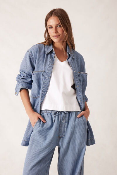 Goldie Longline Denim Shacket, BLUE HERRINGBONE