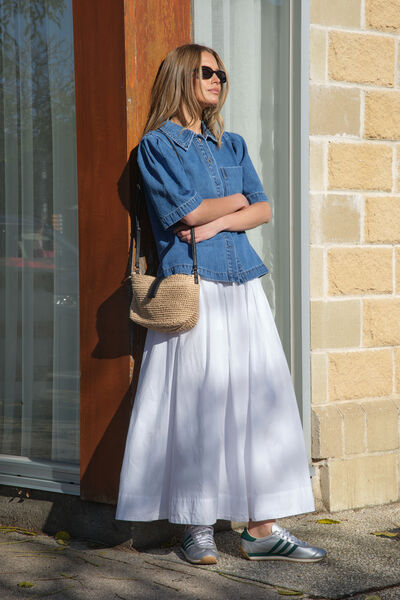 Dylan Pleat Sleeve Denim Shirt, FRESH INDIGO
