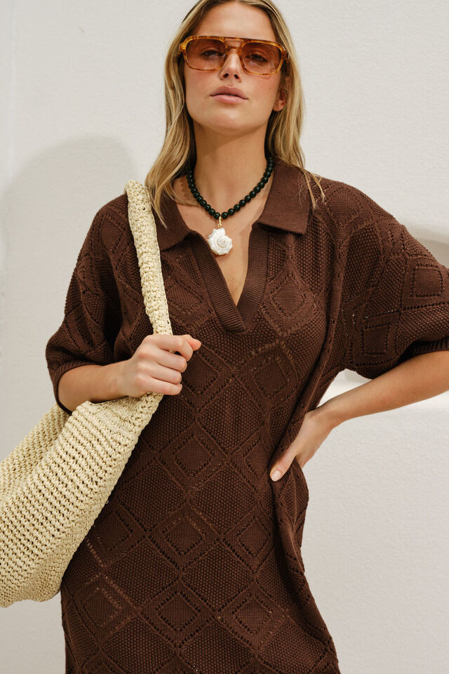 Daisy Diamond Knit Mini Dress, CHOCOLATE