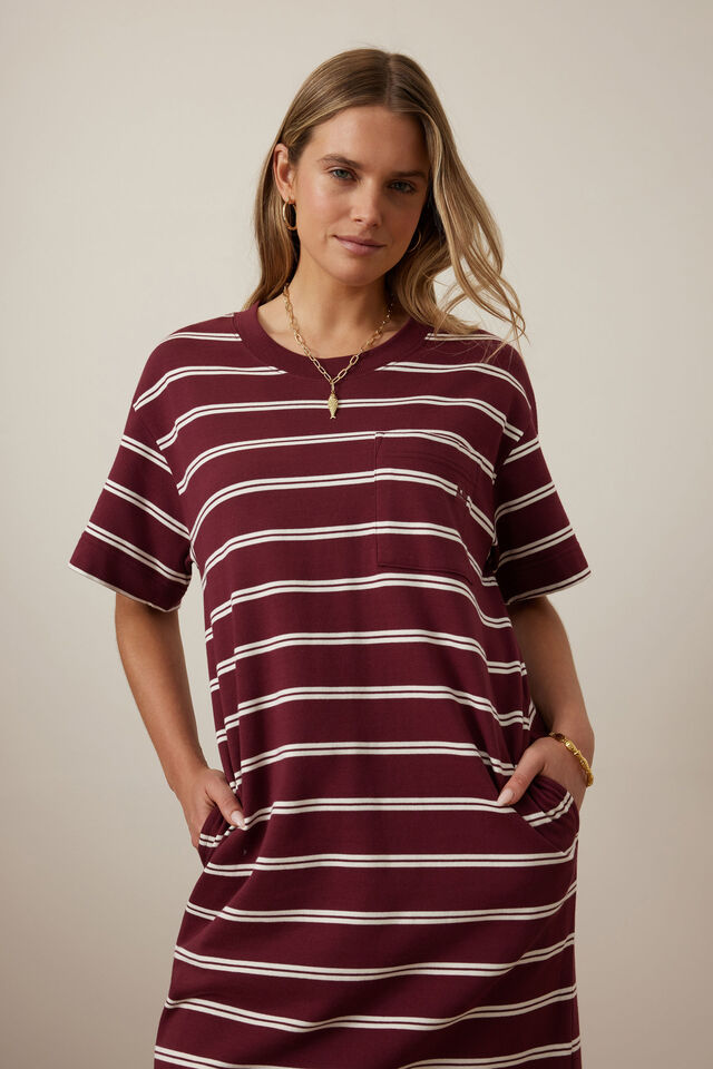 Charlotte Midi Terry Dress, BURGUNDY MILK STRIPE