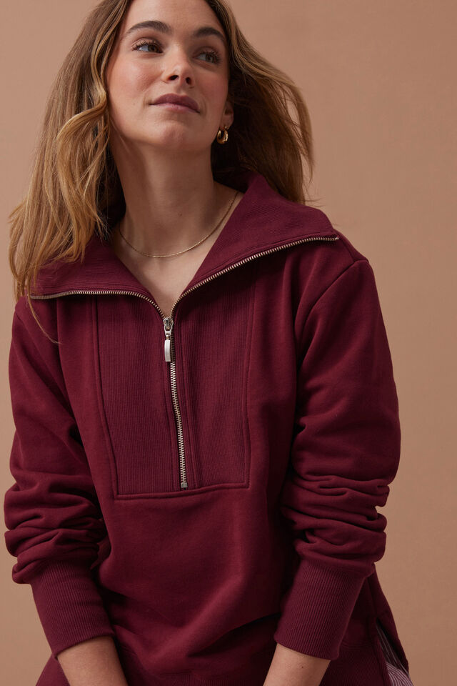 Isabella Half Zip Sweat, BURGUNDY