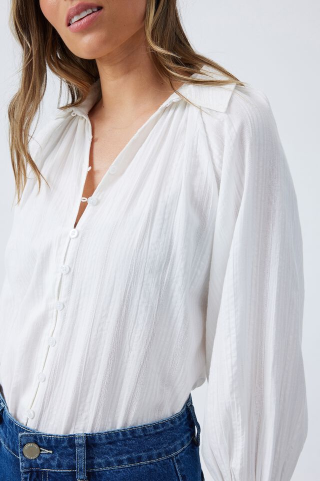 Textured Button Front Shirt In Organic Cotton, WHITE