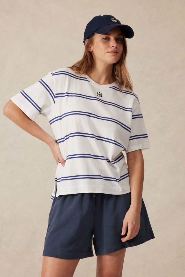 Slouchy Split Hem Tee, VANILLA/COLLEGE BLUE DOUBLE STRIPE EMB