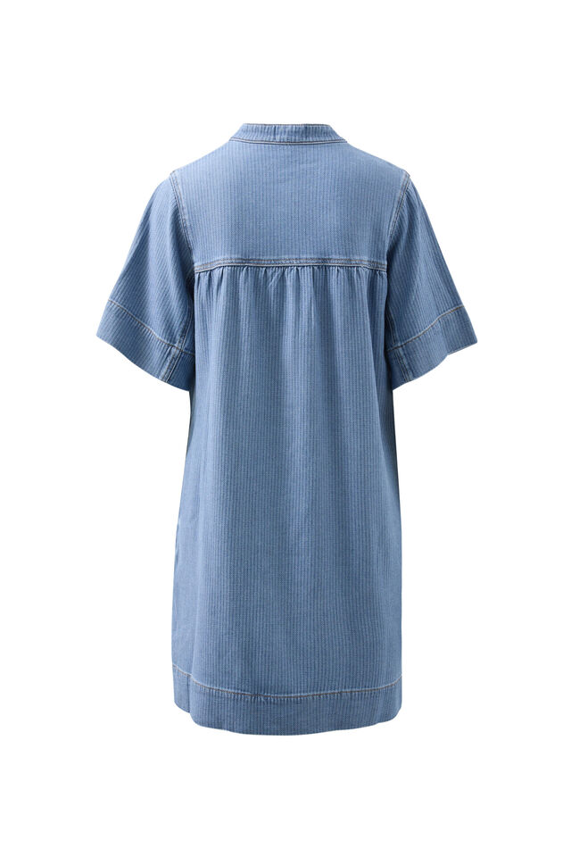 Half Placket Tunic Dress, BLUE HERRINGBONE