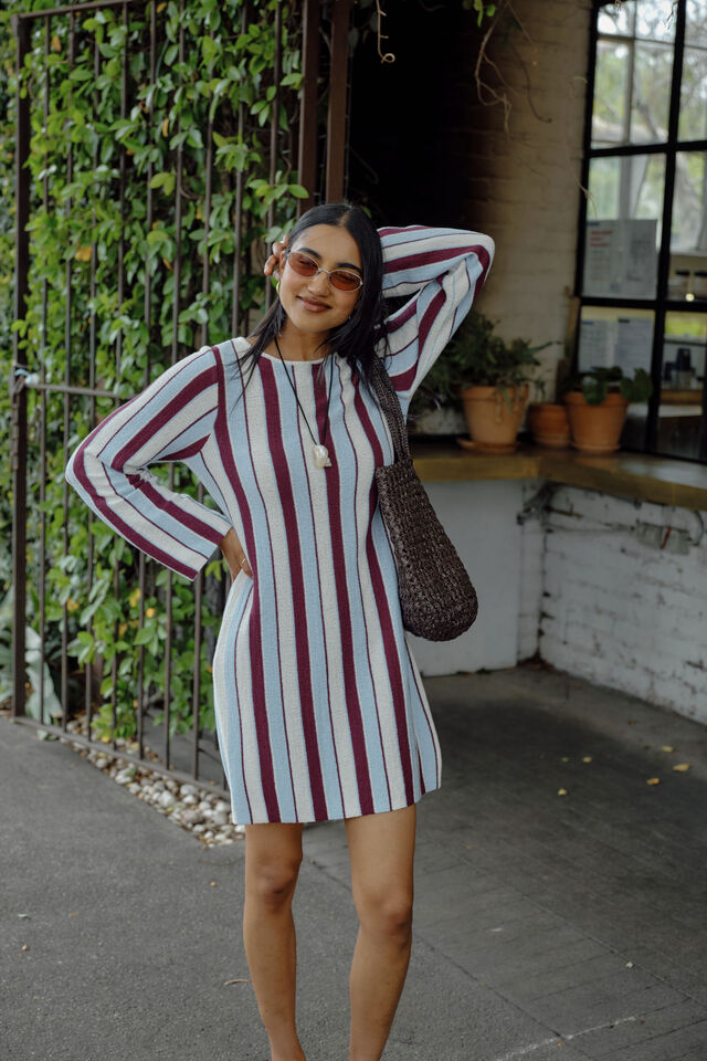 Chloe Stripe Knit Mini Dress, BLUE WINE STRIPE