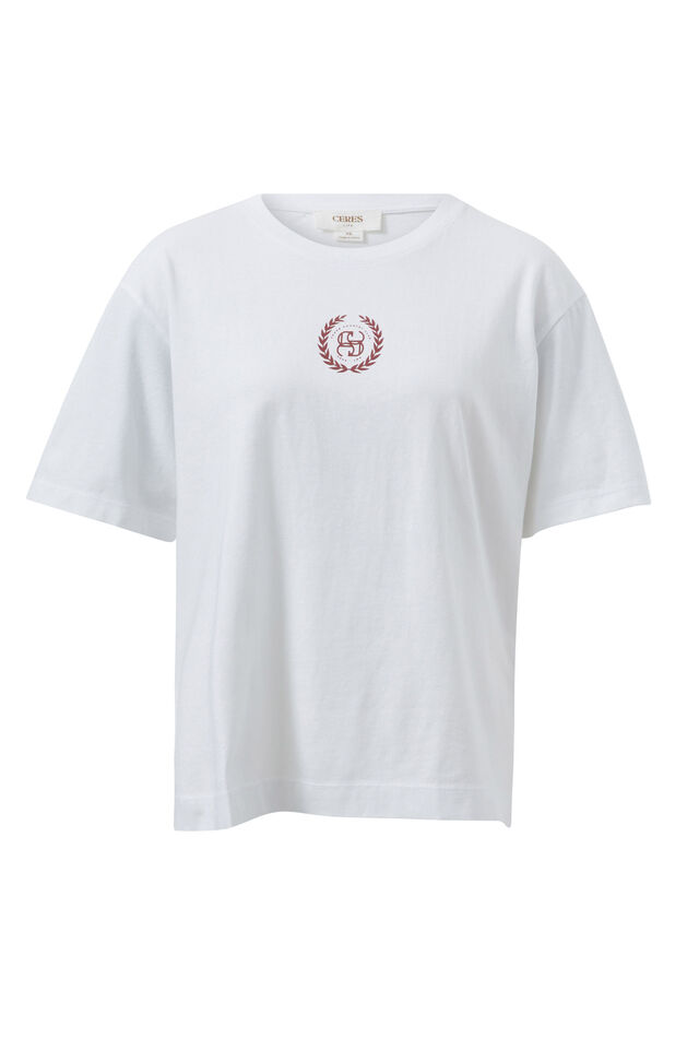 Stevie Slouchy Split Hem Tee, WHITE/BURGANDY COUNTRY CLUB LOGO