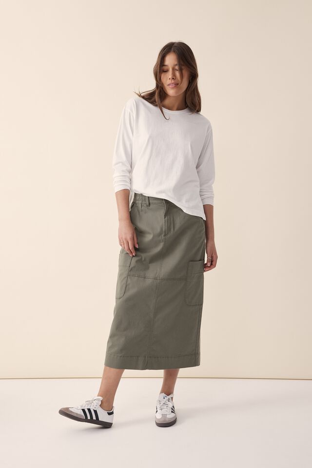 Utility Midi Skirt, SOFT OLIVE RESCUED FABRIC