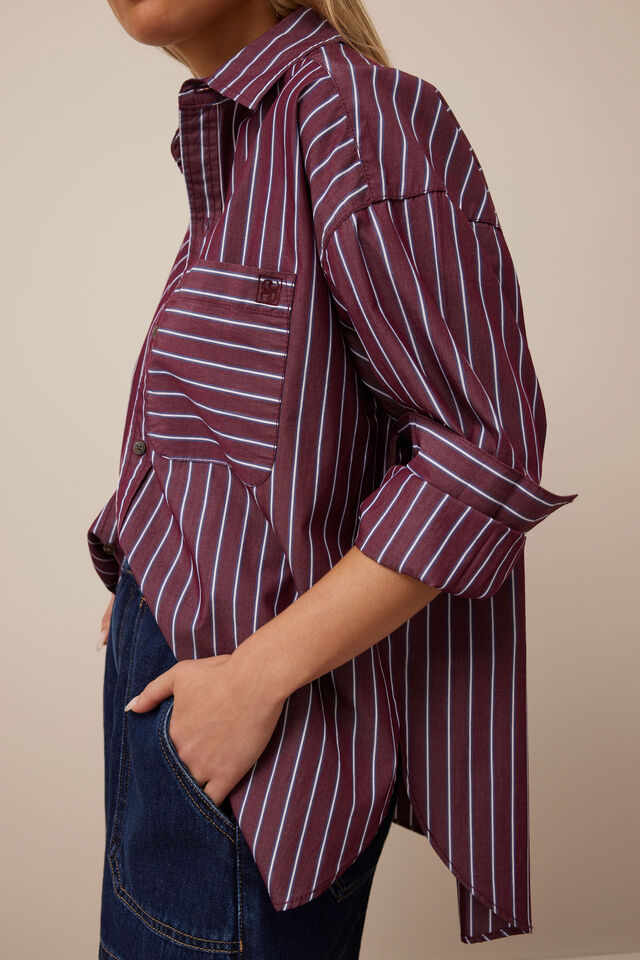 Peta Oversized Shirt, BURGUNDY WASHED NAVY STRIPE