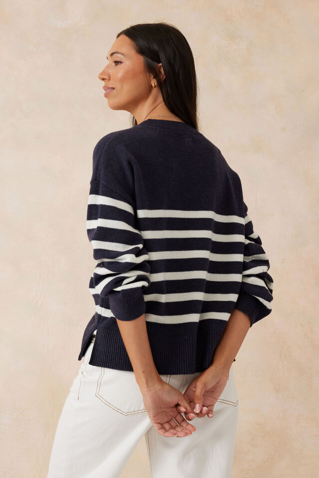 Boxy Knit With Embroidery, NEW NAVY/WINTER WHITE STRIPE
