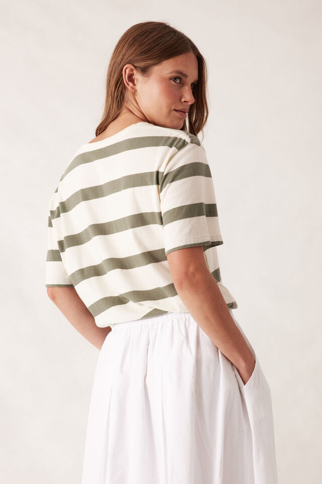 Stevie Slouchy Split Hem Tee, EGGSHELL/MOSS GREEN BOLD STRIPE