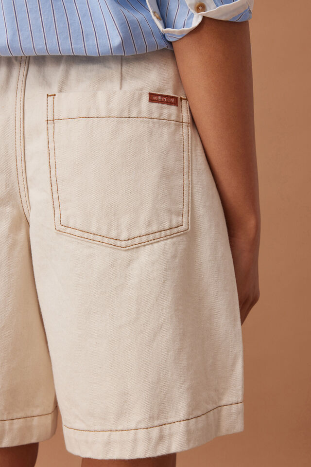 Sylvie Longline Pleat Denim Short, NATURAL ECRU