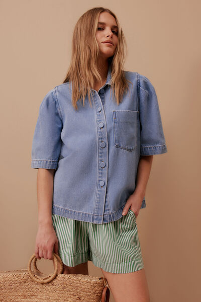 Dylan Pleat Sleeve Denim Shirt, VINTAGE BLUE