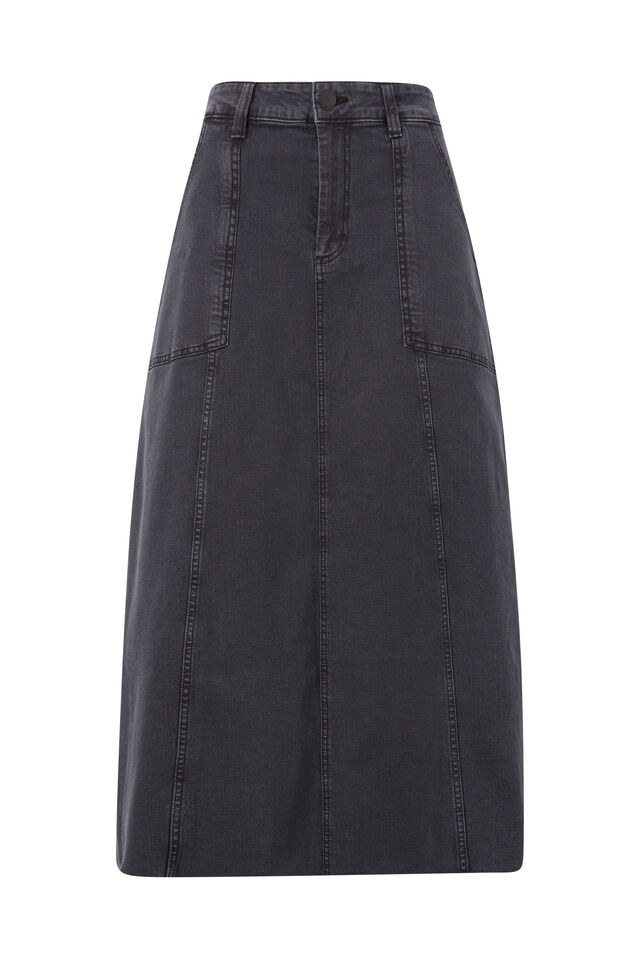 Flared Denim Midi Skirt, WASHED BLACK RESCUED DENIM