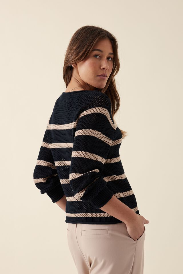 Mesh Knit Pullover In Organic Cotton, BLACK AND CAMELETTE