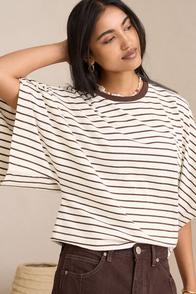 Lucy Relaxed Sleeve Tee, MILK/BRUNETTE STRIPE