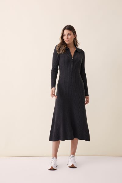 Soft Knit A-Line Dress In Recycled Blend, CHARCOAL MARLE