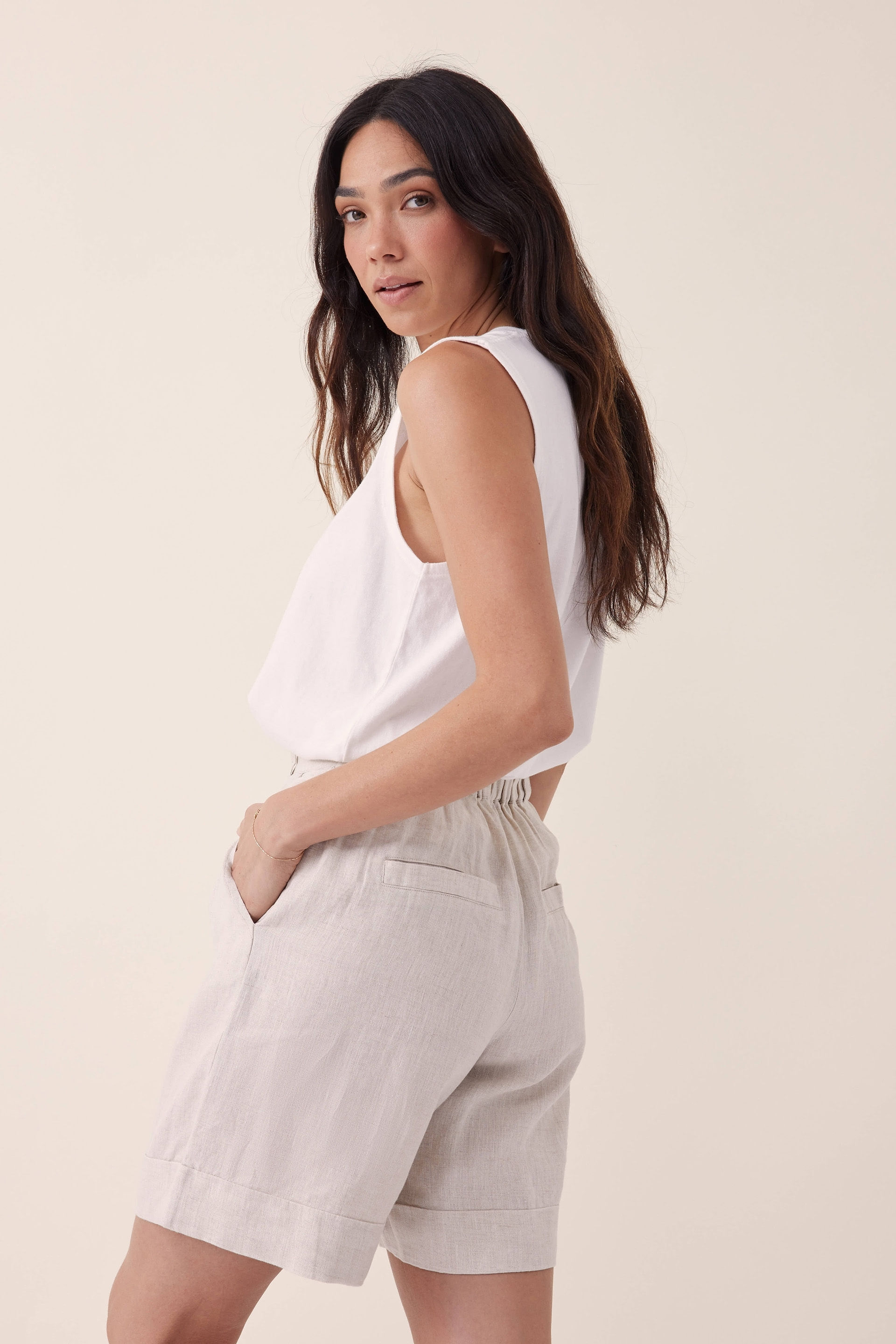 Ladies white linen bermuda shorts online