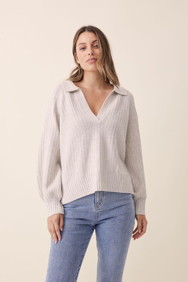 Soft Knit Collared Jumper In Recycled Blend, OATMEAL MARLE