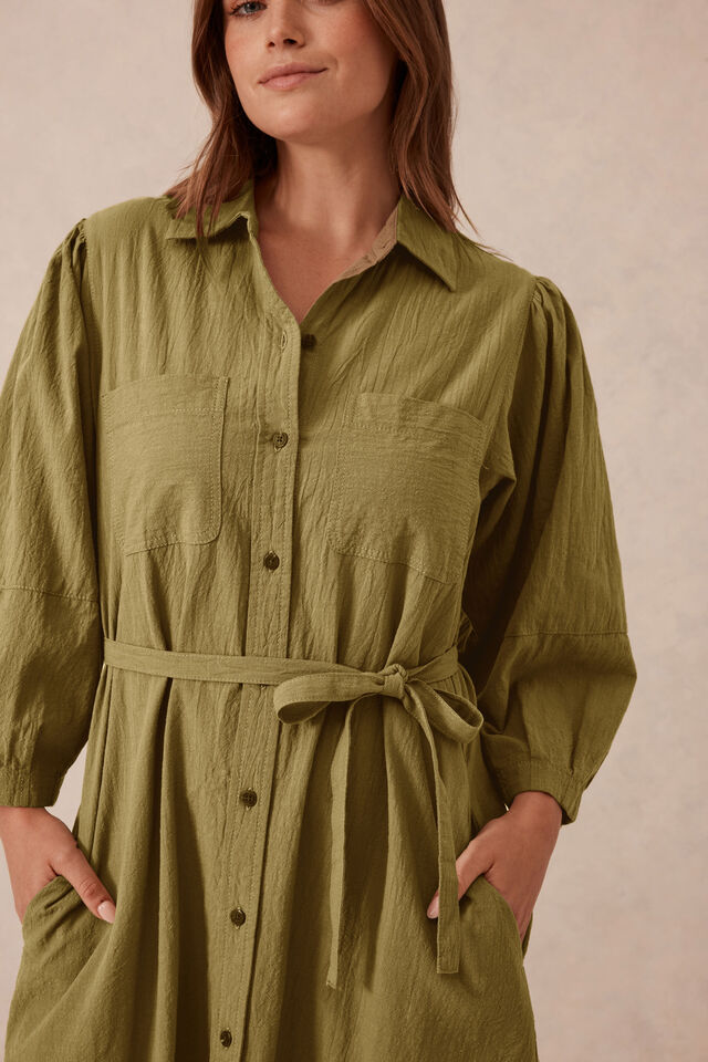 Midi Shirt Dress, FIG GREEN TEXTURED COTTON