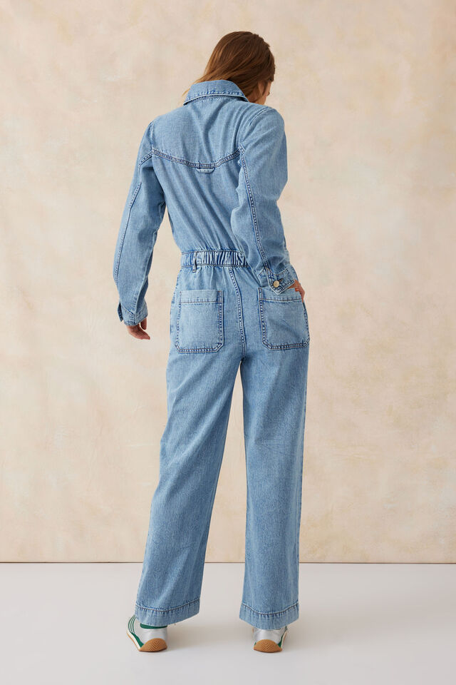Long Sleeve Soft Denim Jumpsuit, VINTAGE BLUE