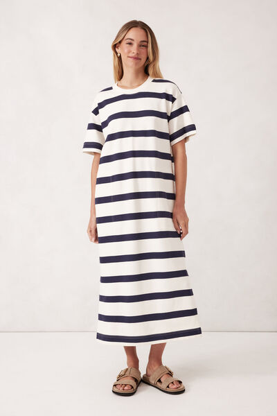 Midi Terry Dress, WHITE NAVY BOLD STRIPE