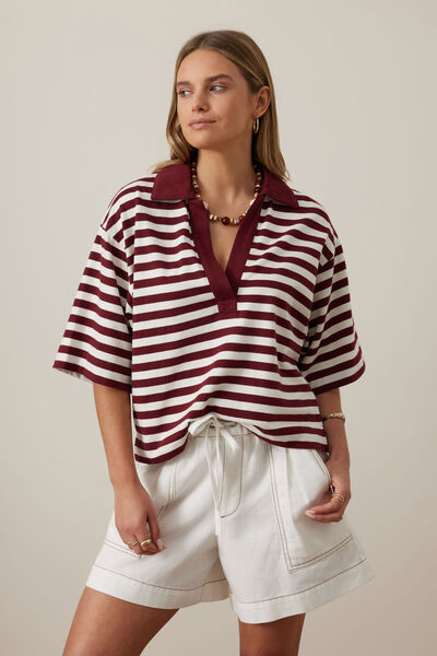 Arlie Short Sleeve Rugby, BURGUNDY/MILK STRIPE