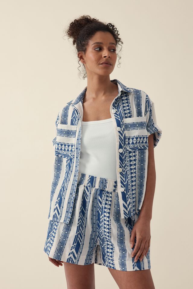 Mila Short, NATURAL WITH NAVY JACQUARD ORGANIC COTTON