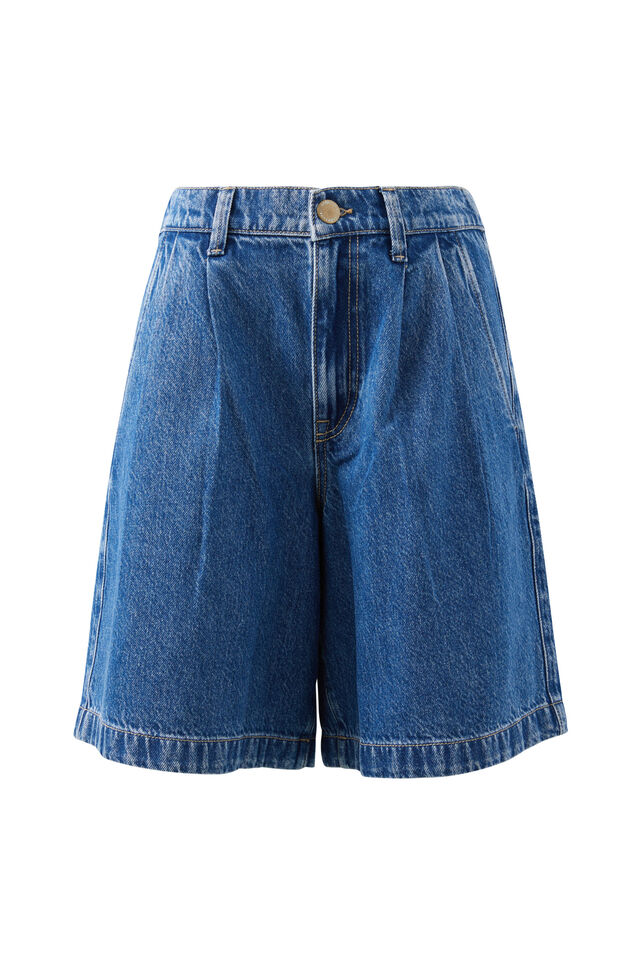 Sylvie Longline Pleat Denim Short, FRESH INDIGO