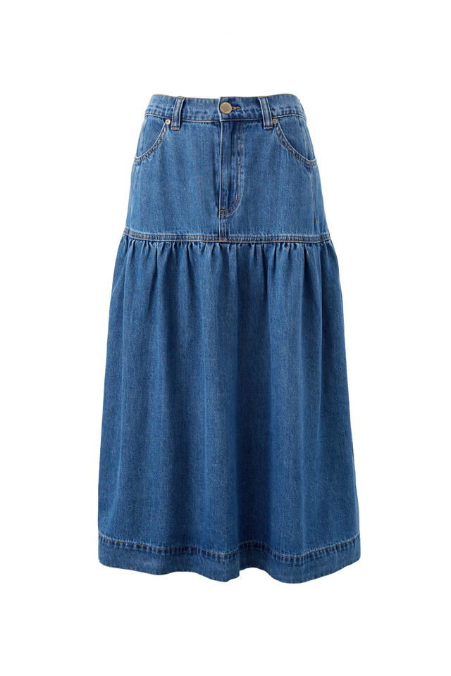 Drop Waist Denim Midi Skirt, FRESH INDIGO