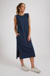 Shoulder Pad Midi Dress In Organic Cotton, SMOKE BLUE - alternate image 4