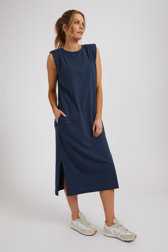 Shoulder Pad Midi Dress In Organic Cotton, SMOKE BLUE