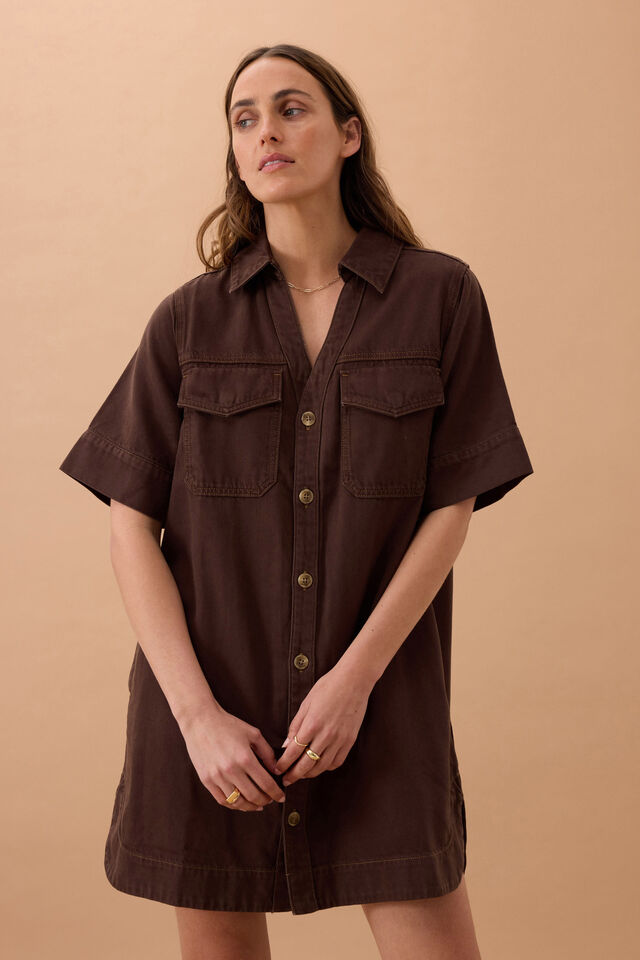 Sammy Relaxed Shirt Dress, CHOCOLATE