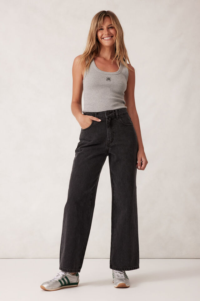 Zoe Contour Rib Scoop Tank, GREY MARLE/ BLACK EMBROIDERY